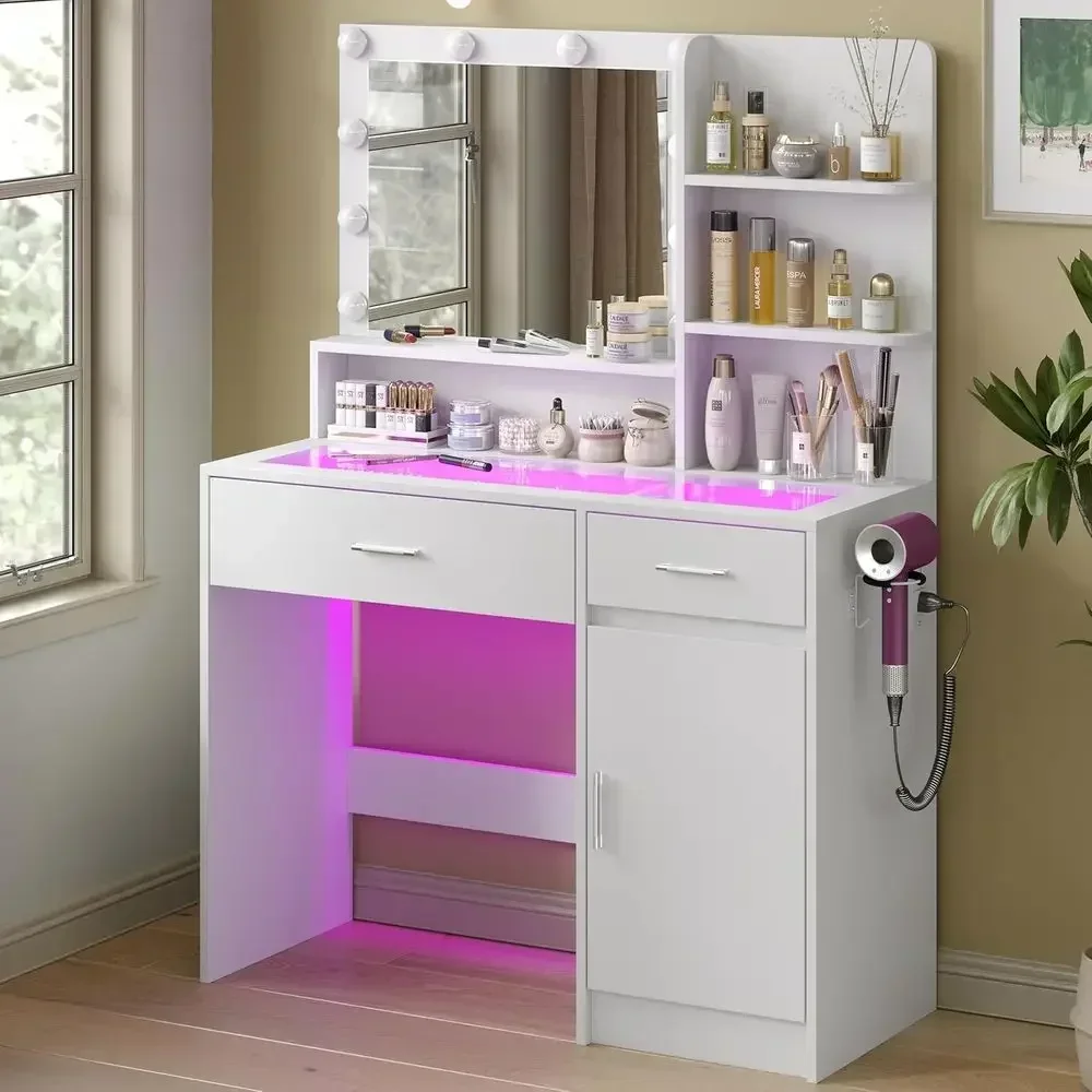 White Vanity Desk with Mirror, Glass Top, Power Outlet, and Adjustable RGB Lights for Women's Bedroom