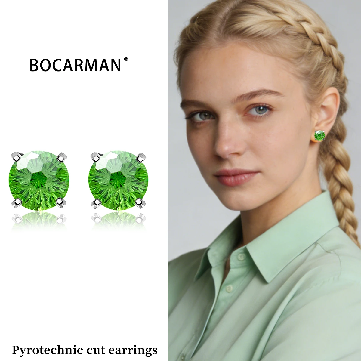 bocarman-s925-スターリングシルバー-グリーン-パイロテクニックカット-キュービックジルコニア-高品質-ファッション-4連スタッドピアス-シャイニー-シンプル
