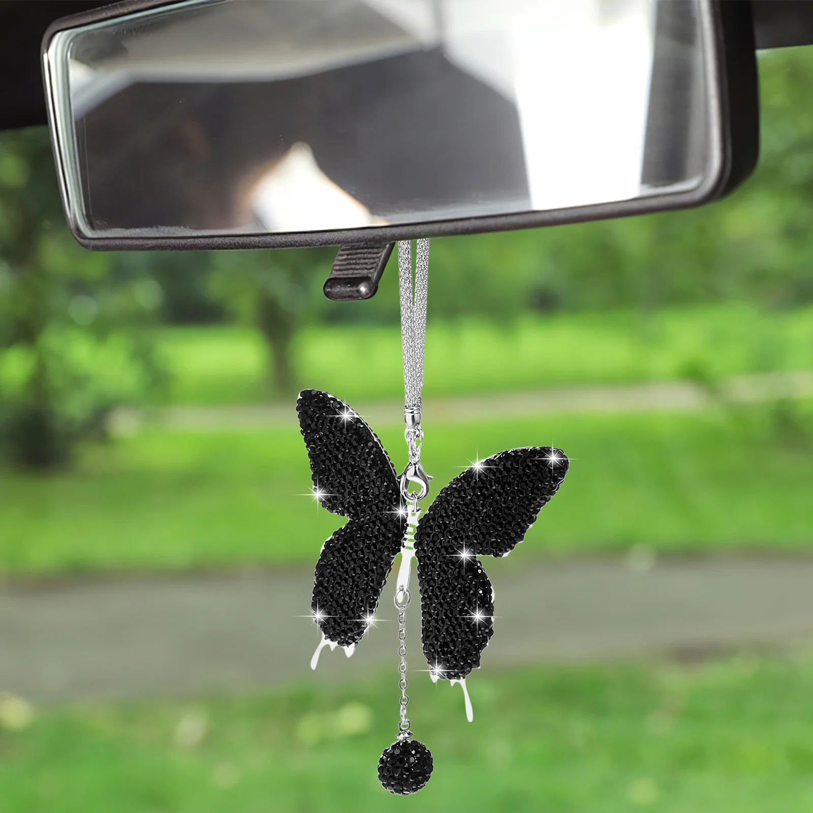 

Butterfly Car Pendant Rhinestone Mirror Charm Hanging Rear View Mirror Car Interior Decoration Bling Interior Decoration
