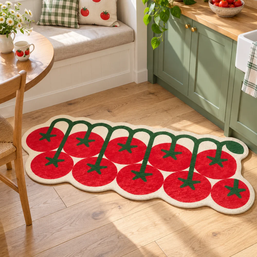 Tomato Row Shaped Rug, Red Garden Vegetable Floor Mat, Playful Irregular Decor for Kitchen, Dining Room, Living Room, Entryway