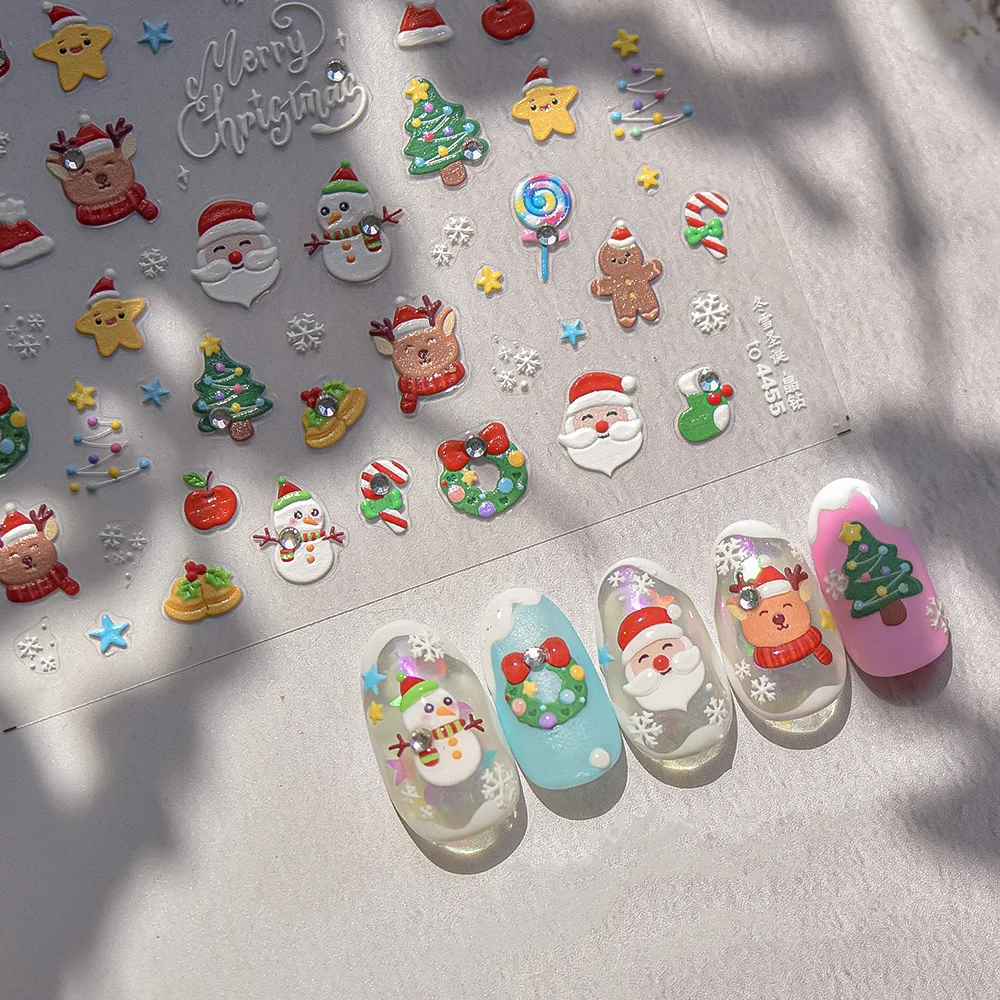 5D Relief Lovely Cute Merry Christmas Santa Claus Snowman Tree Garland Adhesive Nail Art Stickers Decals Manicure Ornaments