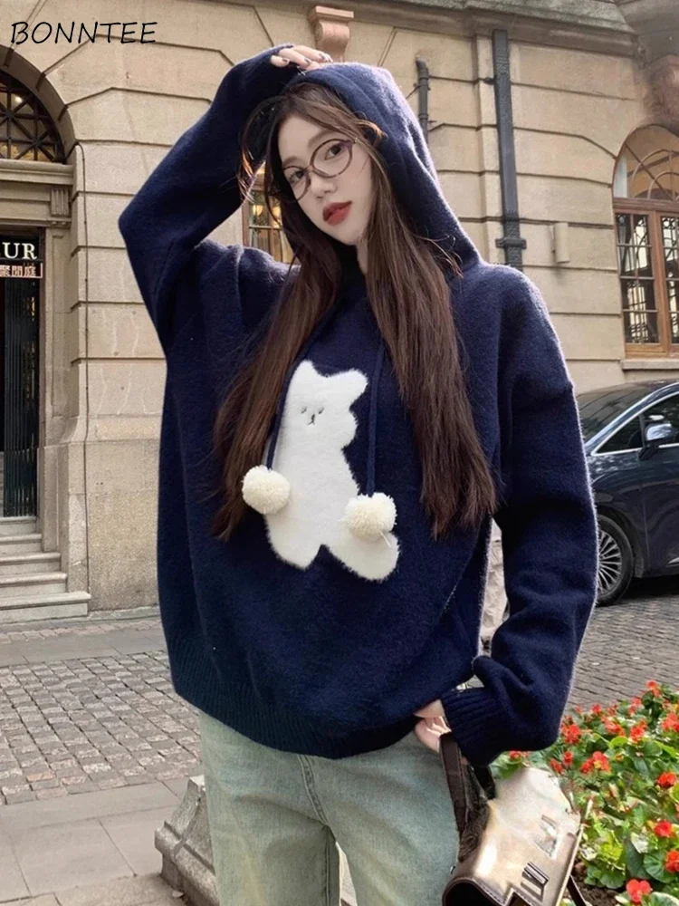 

Hooded Cartoon Sweaters Women Autumn Winter Baggy Casual Gentle Streetwear Warm Sweet Knitwear Aesthetic College Girls Свитер