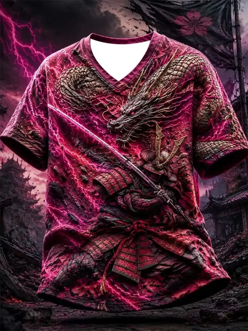 Japanese-style Dragon Warrior Lightning Gothic Punk 3D Print Sport Quickdry Breath Men V-neck TShirt Outdoor Street Parent-Child