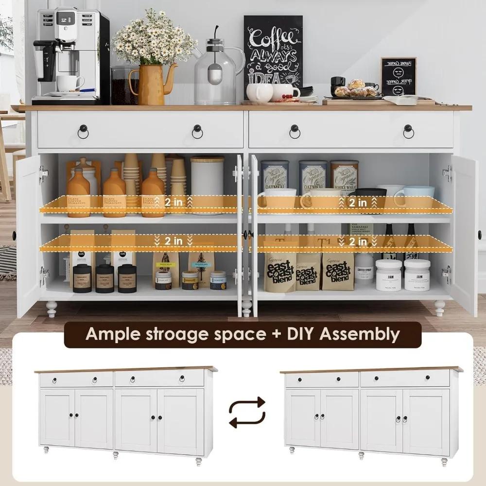 Armoire buffet avec rangement, buffet de 55 po avec 2 tiroirs et 4 portes, meuble de bar à café moderne