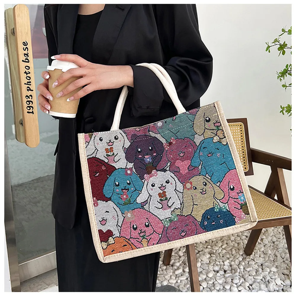 Bolso de lino de dibujos animados para mujer, de gran capacidad bolsa ecológica, informal, portátil, de viaje