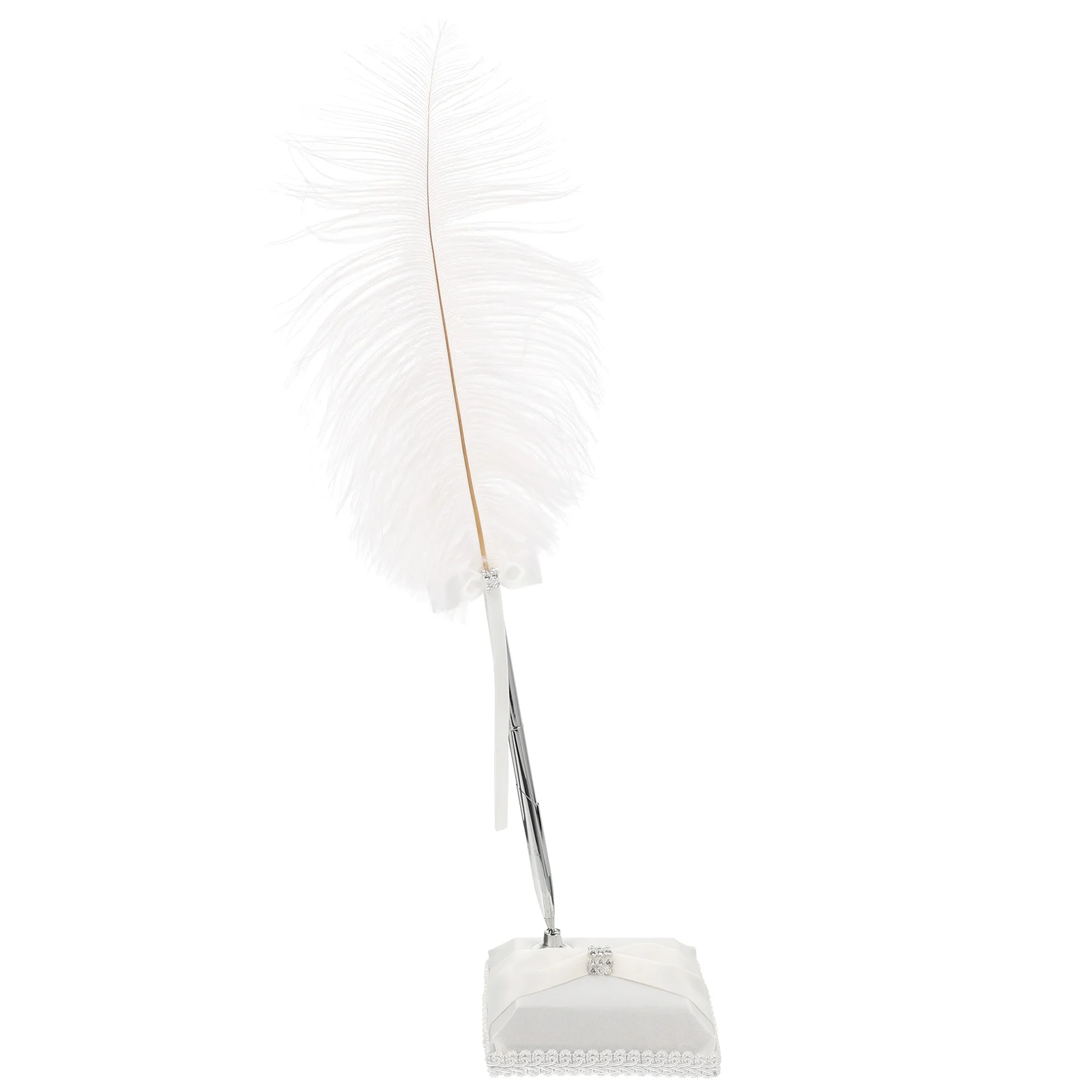 

Pen White Ostrich 25cm Elegant Wedding Bridal Signing Guest Book Pen Holder Black Ink Metal Satin Rhinestone Rotatable