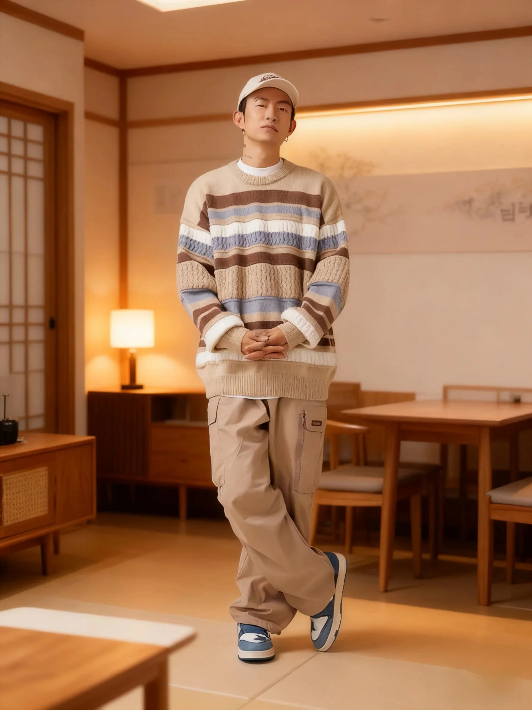 2025 سترة محبوكة مخططة بألوان متعددة للرجال |   معطف بلوفر كاجوال كبير الحجم للأزواج، ملابس تريكو كبيرة الحجم للجنسين