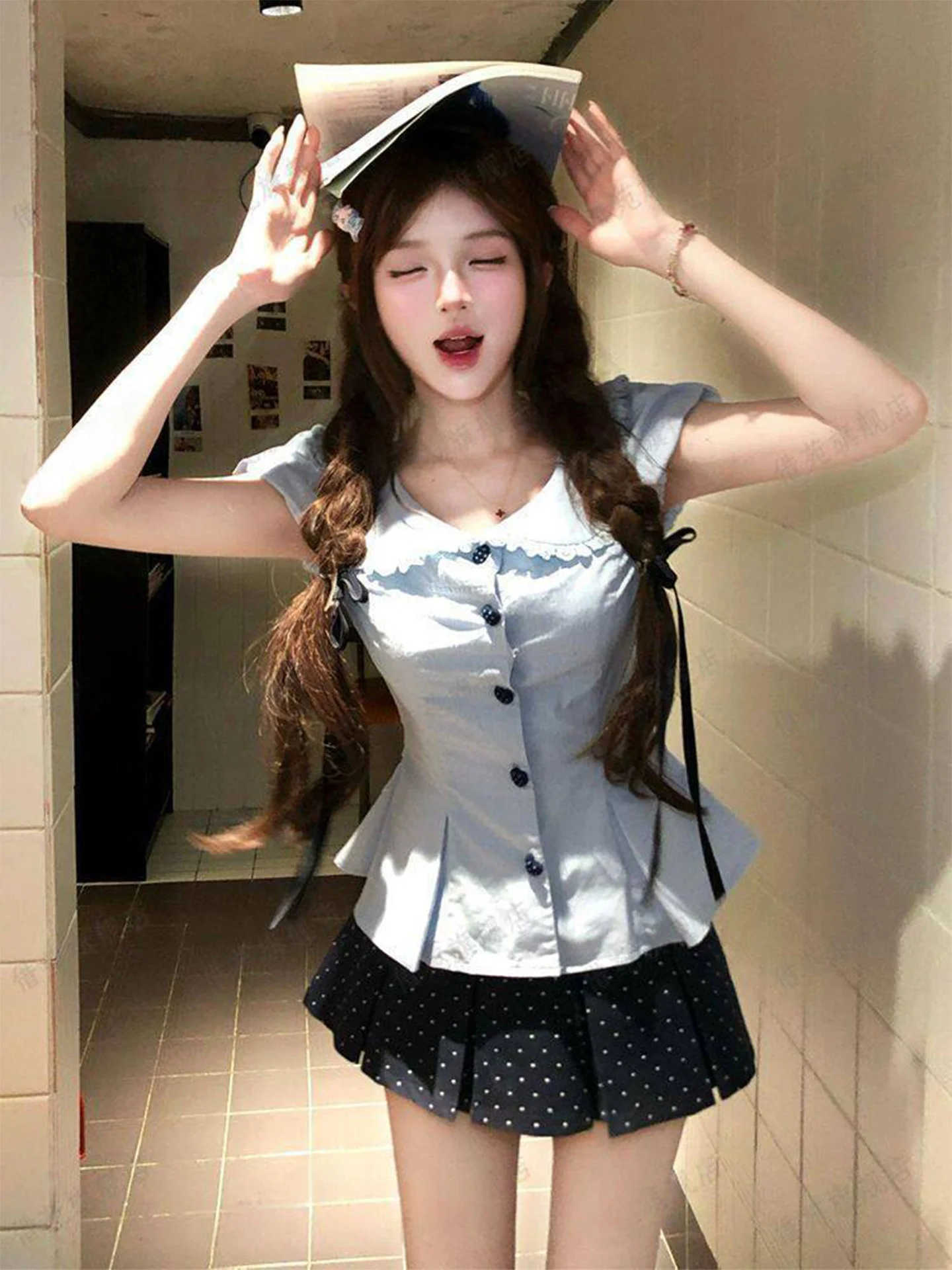 Sweet Girl Fish Tail Shirt Doll Collar Women's Summer Polka Dot Pleated Skirt Set Fashionable Casual Workwear Anti-Wrinkle