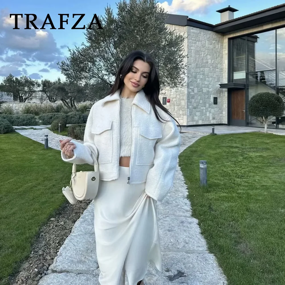 TRAFZA 2024 Women Spring Summer Solid Casual Jackets Fashion Loose Turn Down Collar Vintage Gray Demi-season Jacket For Women