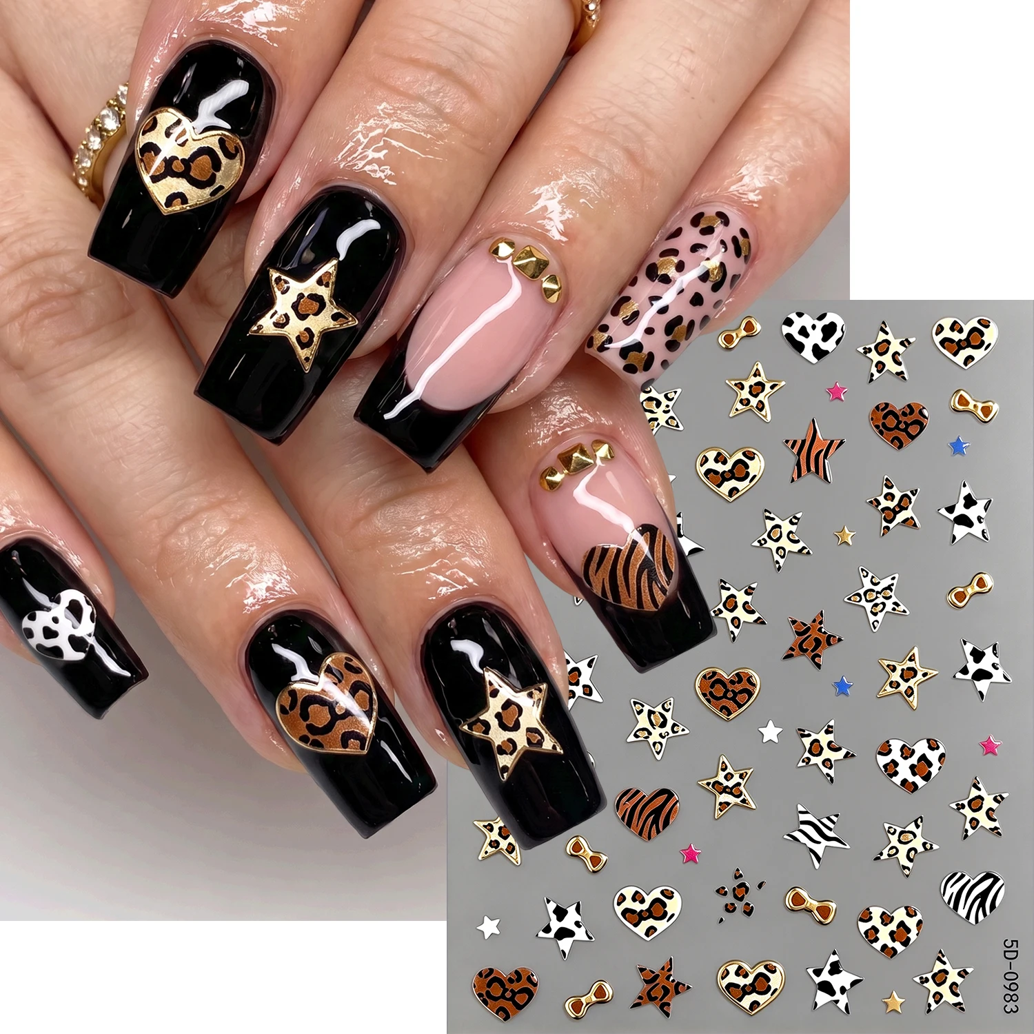 1Pc Bold Statement Nail Stickers Scratch Resistant Mixed Safari Print Heart Star for Music Festival Event DIY Manicure Decor Set