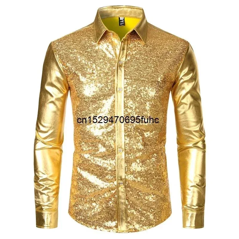 

Мужское диско-блестящее золотое блестящее платье с металлическим дизайном, рубашка с длинными рукавами на пуговицах, костюм на Рождество, Хэллоуин, день рождения, вечеринку, сценический костюм