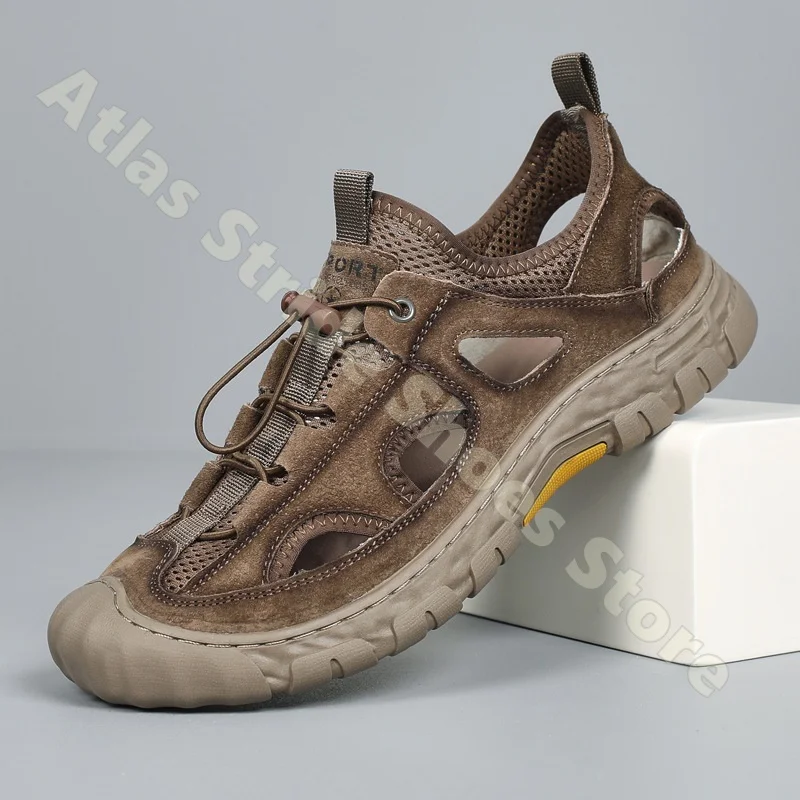 

Men's Breathable Mesh Adjustable Drawstring Hiking Sandals Suede Leather Closed Toe Protection Outdoor Trekking Non-slip Shoes