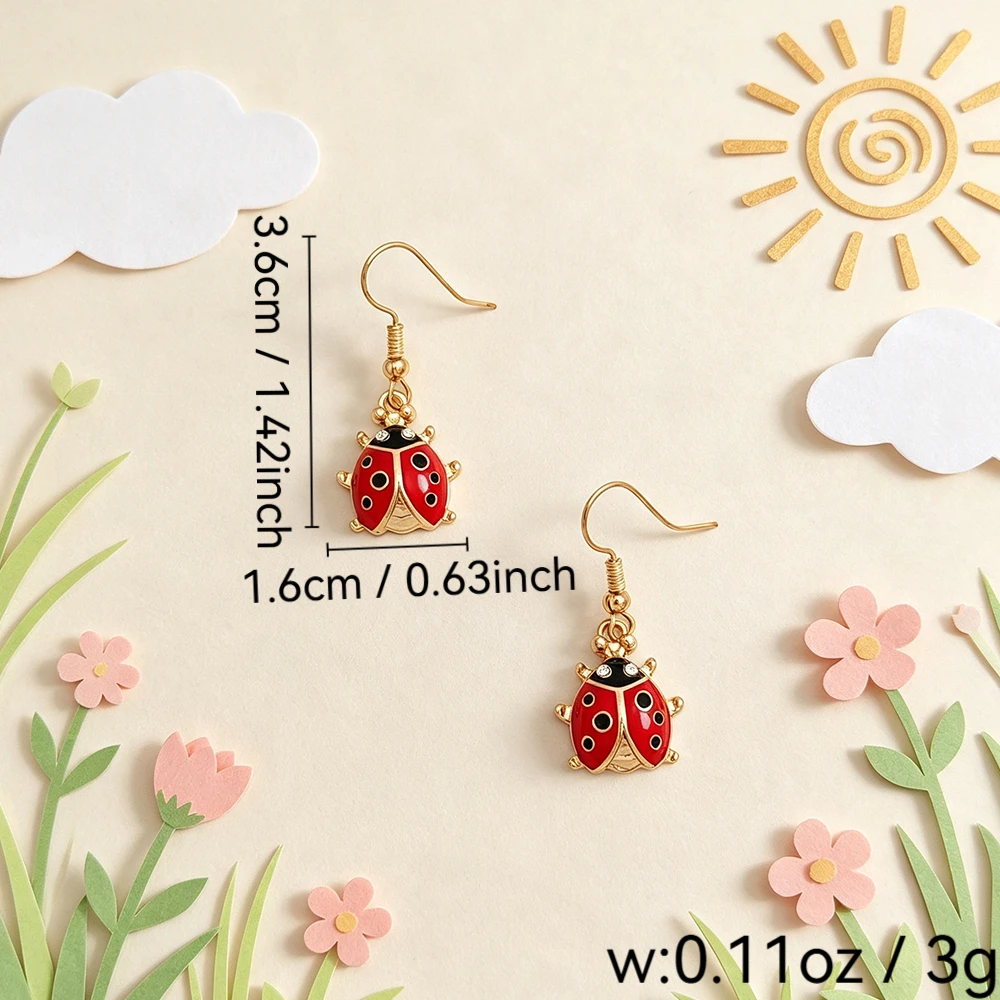 Vintage Oil-Drip Red Background Black Dot Ladybug Earrings, Fresh Forest-Style Cartoon Playful Women's Spring Outfit Dangle Earrings