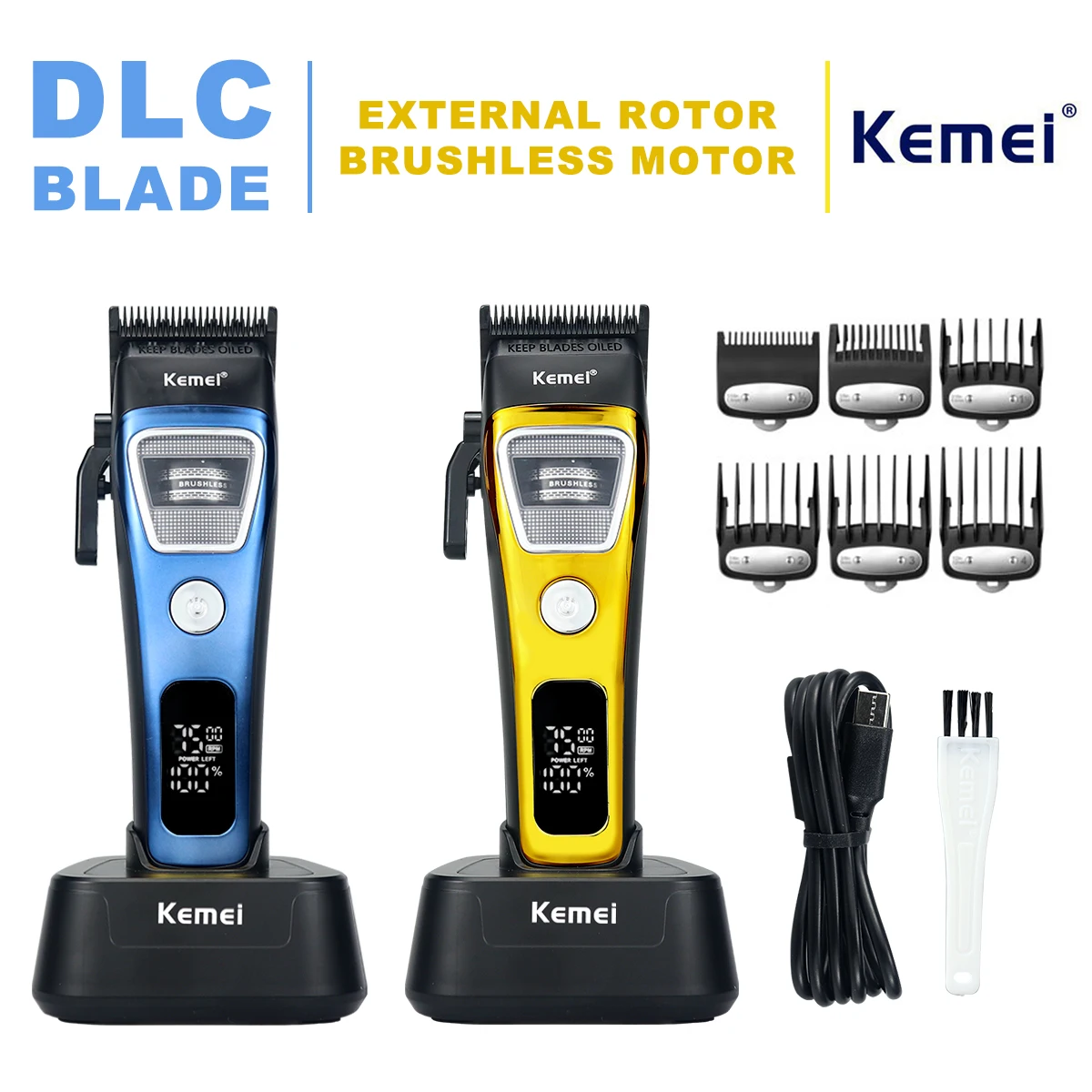Kemei KM-1911 Professional Hair Clipper for Men DLC Blade External Rotor Brushless Motor with Base Charger LED Display Haircut