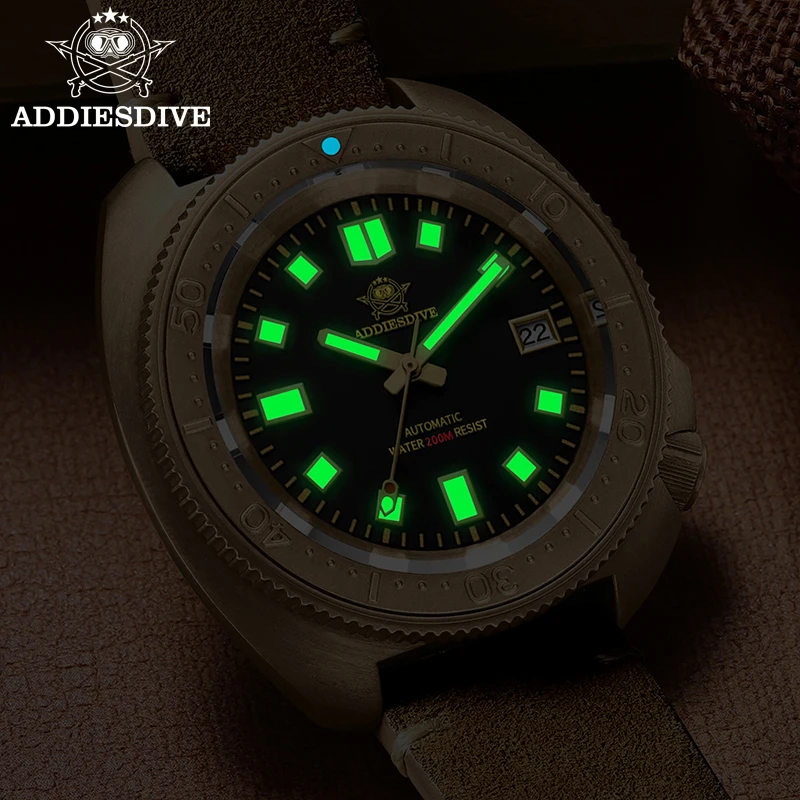 ADDIESDIVE Men‘s Bronze Automatic Watches Sapphire Glass Leather Analog Wristwatch Waterproof C3 Super Luminous Mechanical Watch