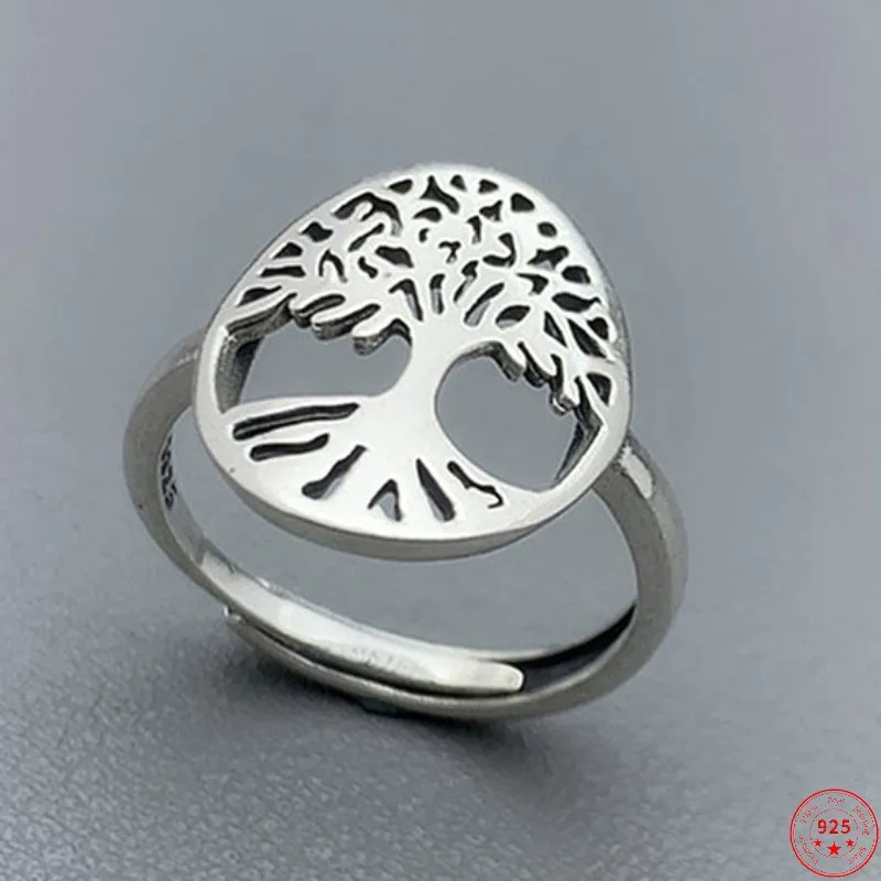 Genuine S925 Sterling Silver Rings for Men Women New Fashion Hollow Tree of Life Totem Viking Jewelry Adjustable  US Size 5-10