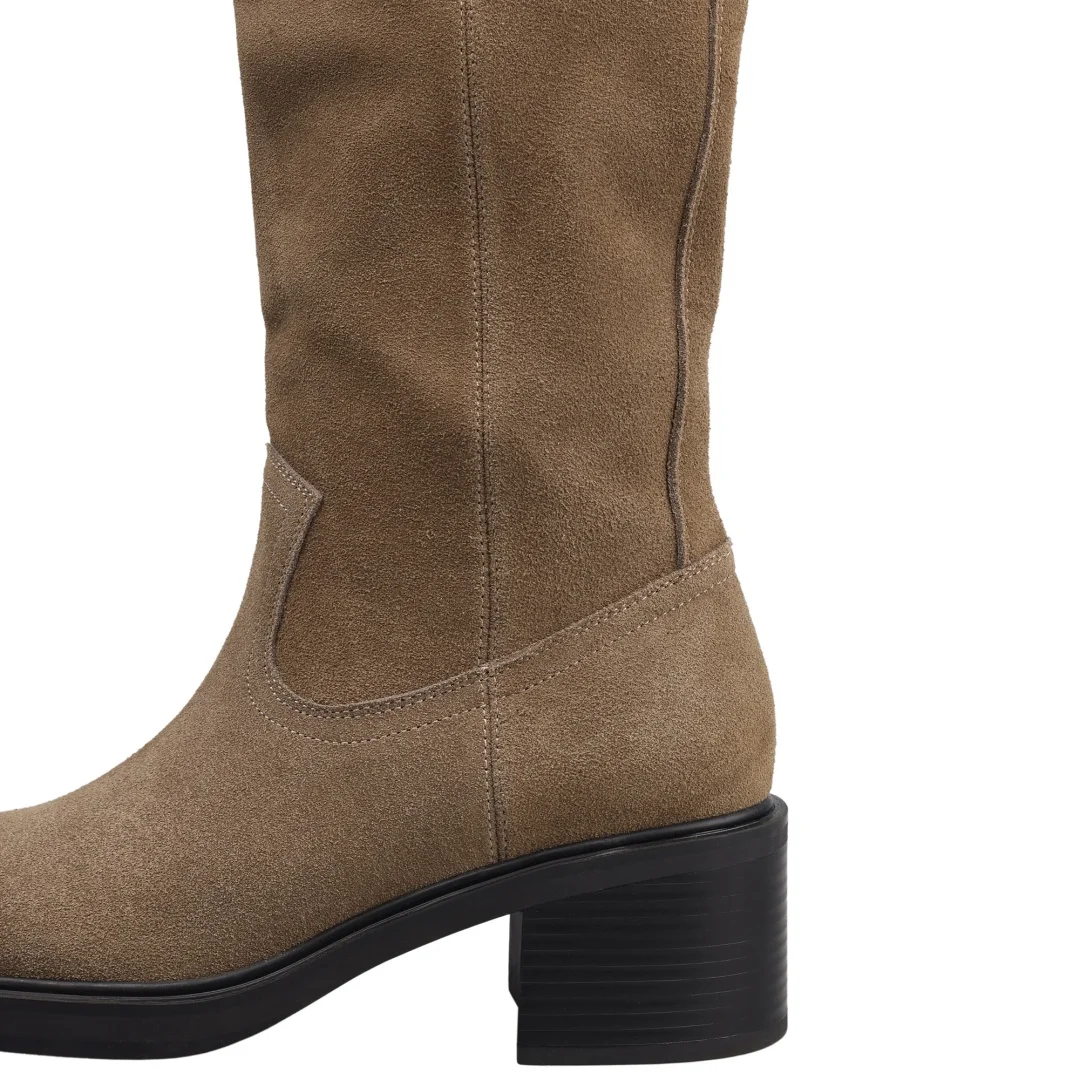 المرأة جلد الغزال الطبيعي جولة تو الانزلاق على الخريف الركبة عالية فارس الأحذية 4.5 سنتيمتر سميكة ميد كعب أحذية طويلة الإناث عادية بيع #6