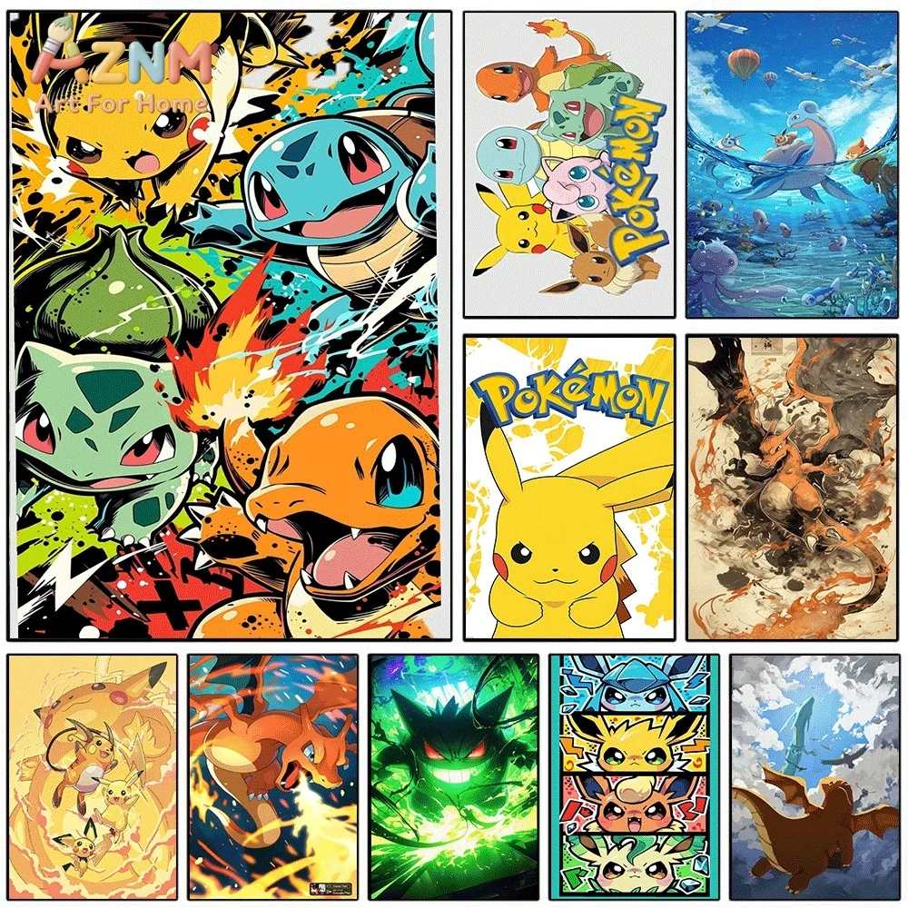 AZNM Pokemon Starters Graffiti Pop Art Canvas Wall Print, Vibrant Anime Creature Character Art Poster, Unframed Canvas Paintin