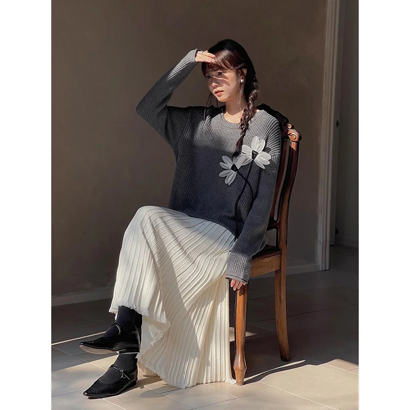 Slergiri Gonna lunga lavorata a maglia con orlo in nappa Moda donna Nuovo 2025 Autunno Inverno Tinta unita a vita alta Gonne a pieghe da donna dolci