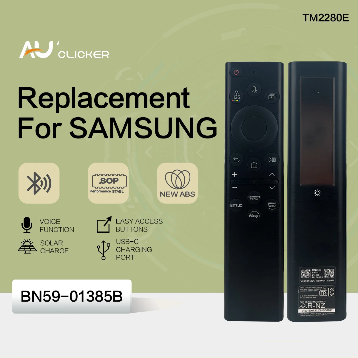 BN59-01385B Replacement BN59-01385A Solar Voice Remote Control for Samsung Smart TVs Compatible with Neo QLED Crystal UHD Series