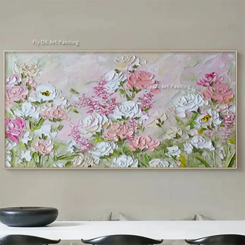 Hand Painted Pink White Blooming Flower Canvas Wall Art Decor For Room Large Green Rose Pink Florals Field Oil Painting