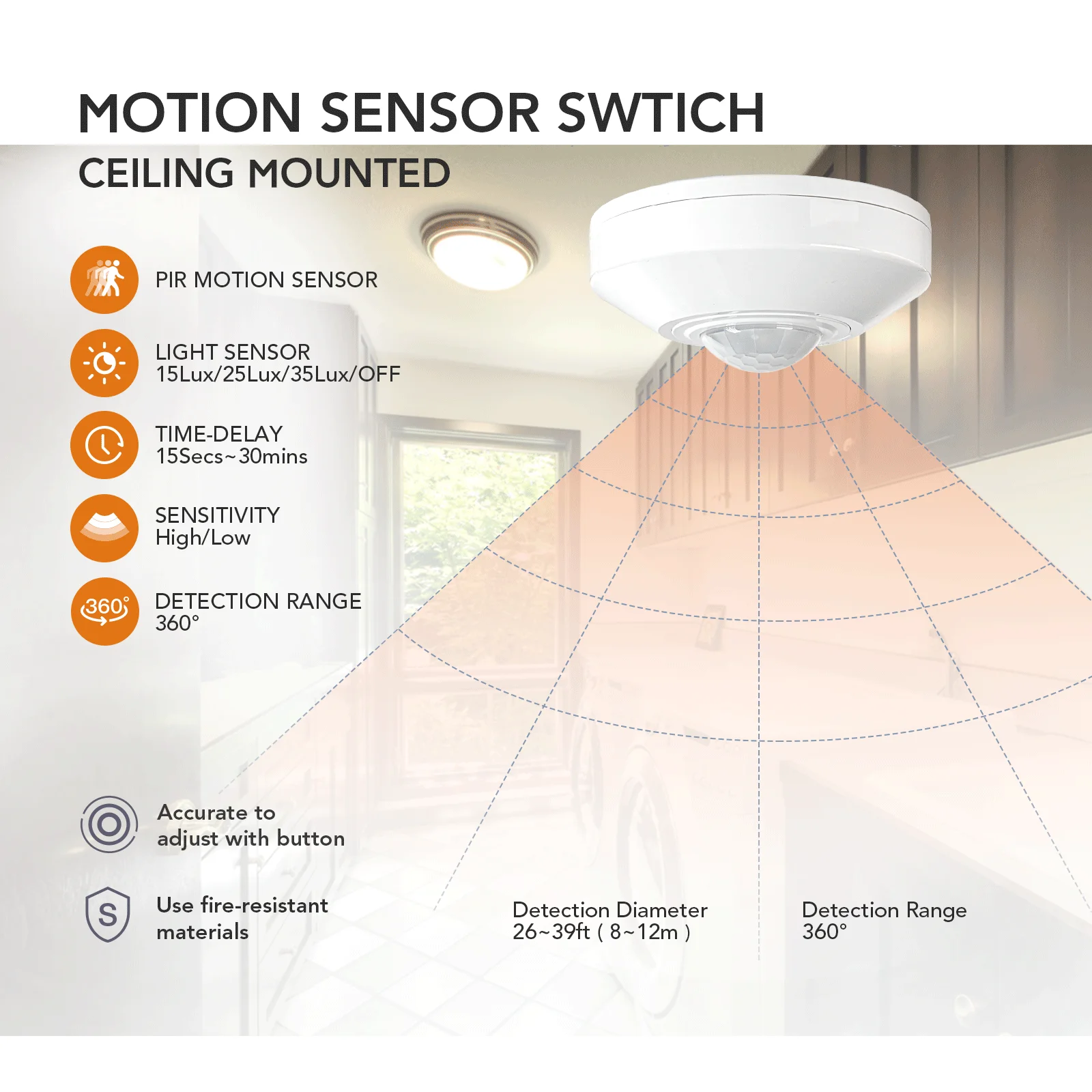 Ceiling Mount Motion Sensor,DC12V/24V,110V-265V,Occupancy Sensor Switch for Ceiling  High Sensitive Motion Sensor Light Switch