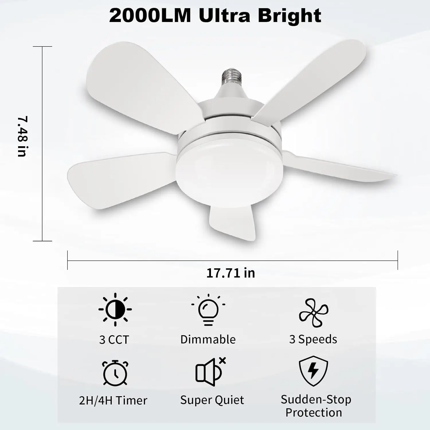 Ventilateur de Plafond à Douille avec Télécommande, 2000 Lumens, Vis dans la Lumière, Silencieux, avec 3 Vitesses, 2 Minuteries