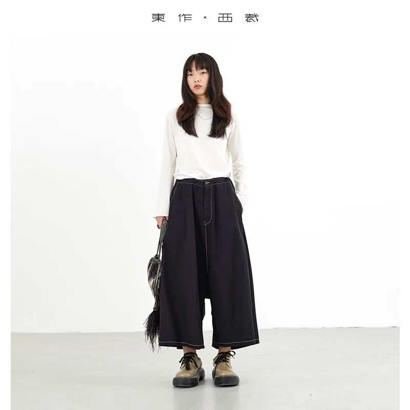Relaxed Literary Style ~ 2025 Summer Women's Loose Cropped Pants with Unique Color-Blocking Hip-Hop Drop-Crotch Design