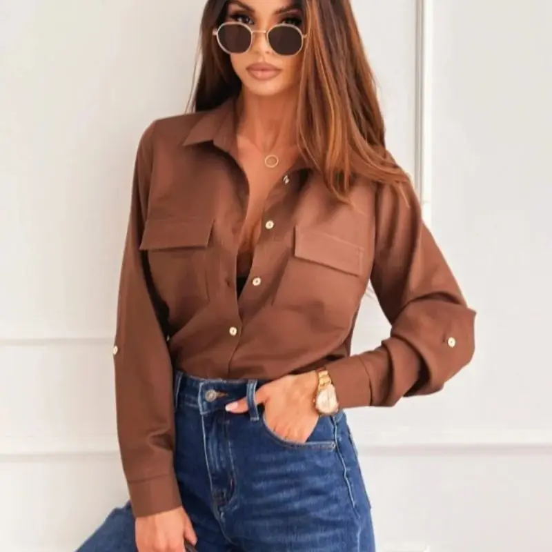 Chemise boutonnée à manches longues pour femmes, couleur unie, col classique, double poches sur la poitrine, tenue de bureau décontractée