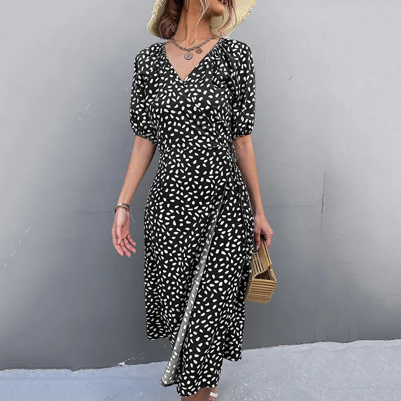 Casual Women Chiffon Dress V Neck Side Wrap Midi Dress Summer Polka Dot Dress Female Puff Sleeve Boho Fashion A-line Split Dress