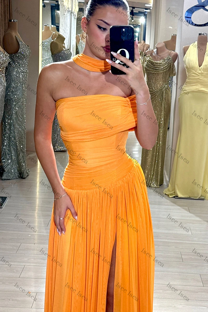 Orange Neue Abendkleider Abendkleid mit Strasssteinen فسات Mohamed Museum One-Shoulder-Kleid mit hohem Schlitz für Hochzeitsgäste Maßgeschneidert