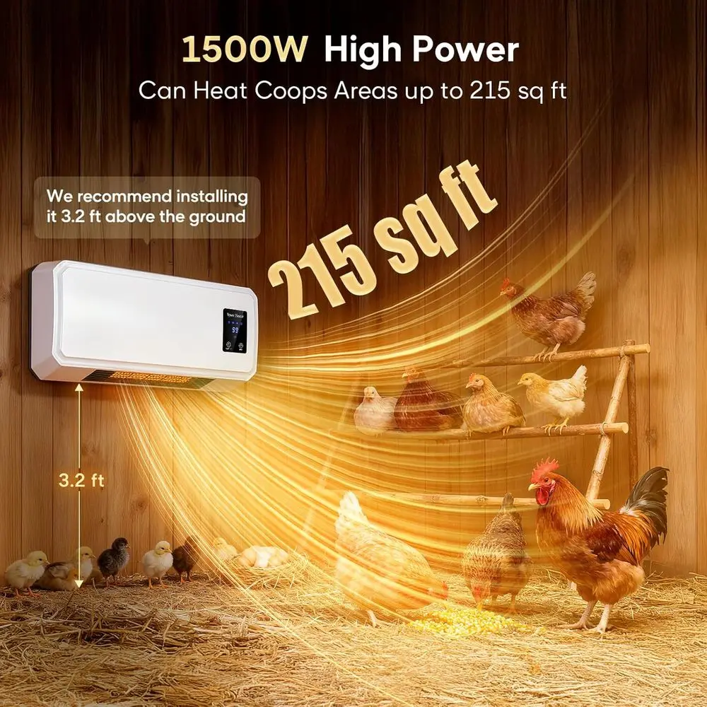 Winter Dual-Mode Chicken Coop Heater: 1500W Wall-Mounted with Timer & Remote, Fast Heating & Large LCD Display for Chickens, Duc