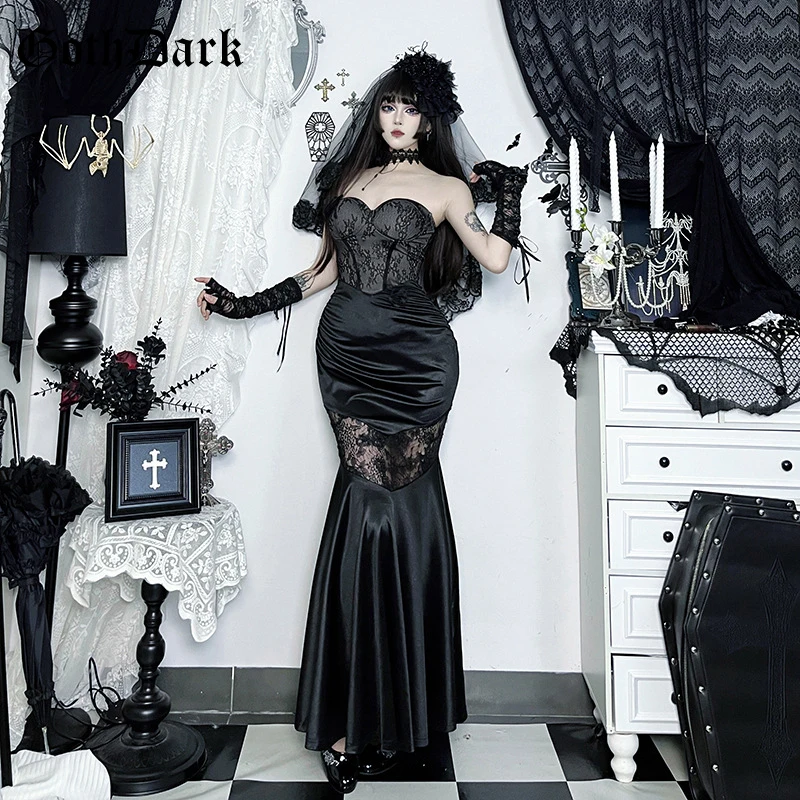 

Goth Dark Strapless Gothic Streetwear Backless Mini Dress E-girl Patchwork Lace Stitch Long Dresses Party Cyber Y2K
