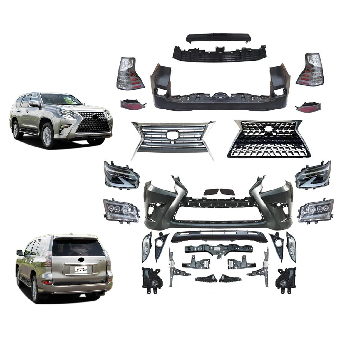 

Комплект для Lexus GX460 2010 2011 2012 2013 Обновление до 2020 новый дизайн с передним + задним бампером и решеткой в сборе TRD опционально