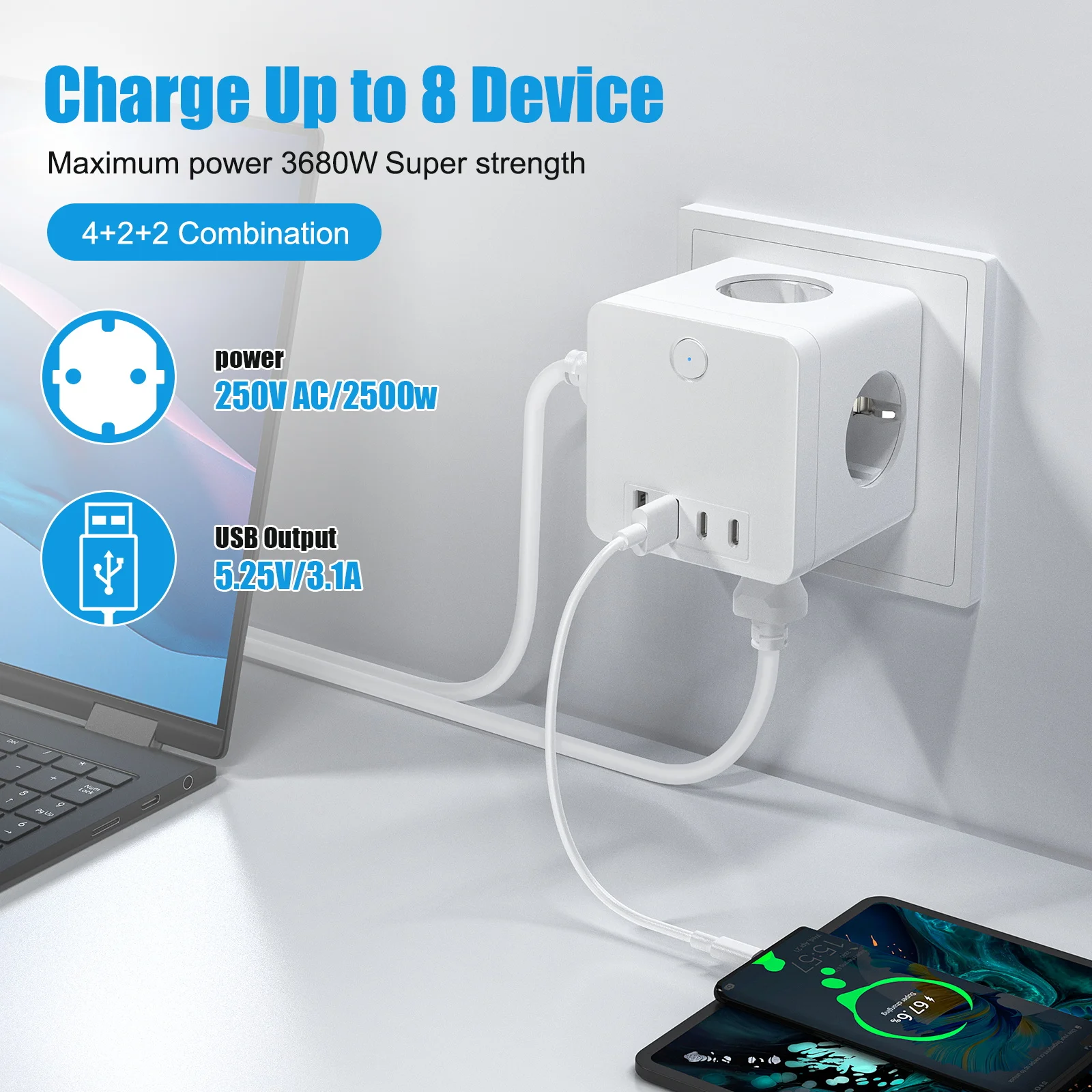 USB Socket EU Power Strip Cube 4 AC Outlets 2 USB 2 Type-C Multiple Socket with Switch EU Wall Plug Adapter For Home Travel