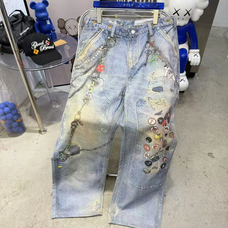 

Retro Hip-hop Style Street GOODBRAND Jeans Personality Badge Print Loose Straight Ripped Pants Goodbrand Denim Trousers
