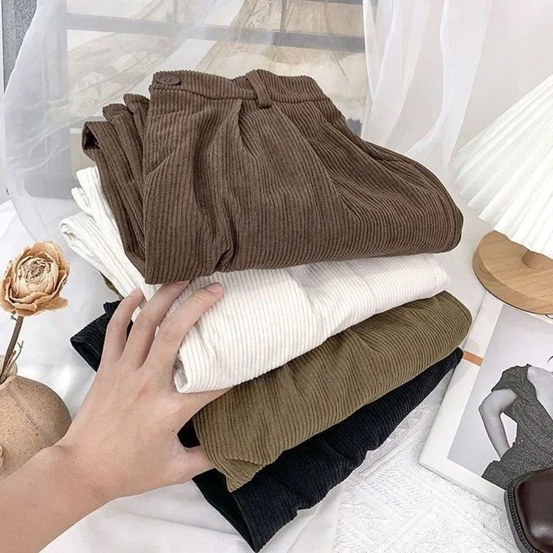 Lucyever Women Vintage Corduroy Pants High Waist Brown Wide Leg Pants Female Korean Fashion Baggy All Match Straight Trousers