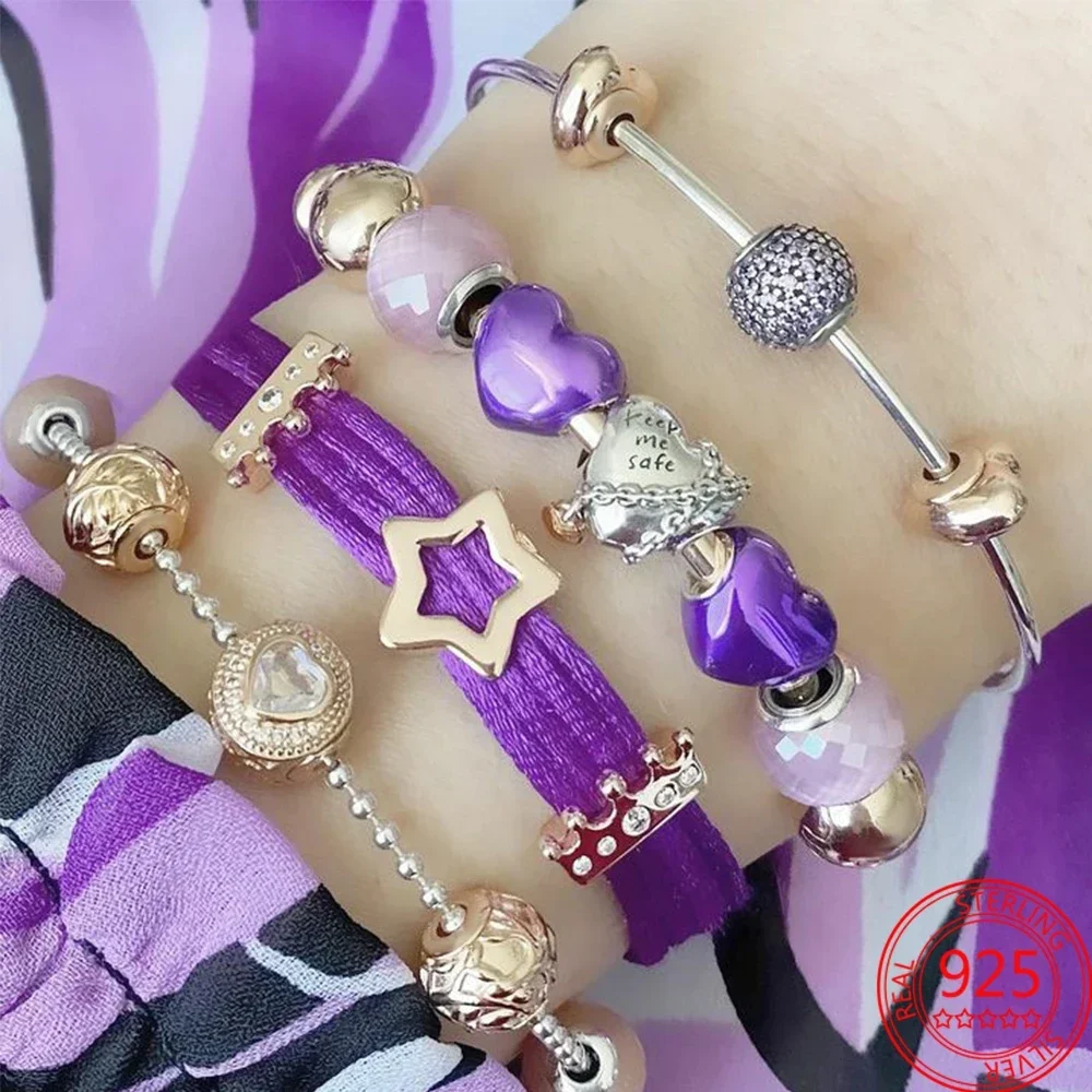 Nuovo ciondolo in argento sterling 925 con perline di Murano viola, fiore del pensiero, adatto per bracciale e collana di marca originali, regalo di gioielli 925