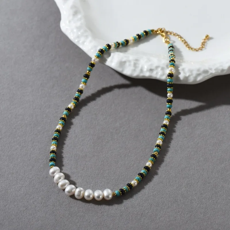 

Summer New Luxury Turquoise Bead String Freshwater Pearl Collarbone Chain Ladies Designer Luxury Temperament Women's Necklace