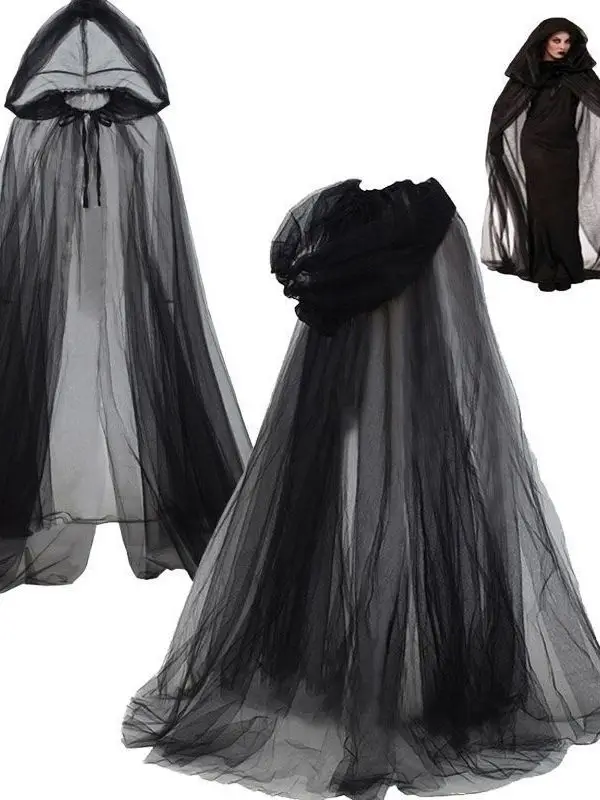

Cool Halloween Witch Costume Black White Mesh Hooded Coat Unisex Dark Series Belted Robe Women's Fashion Stage Clothing