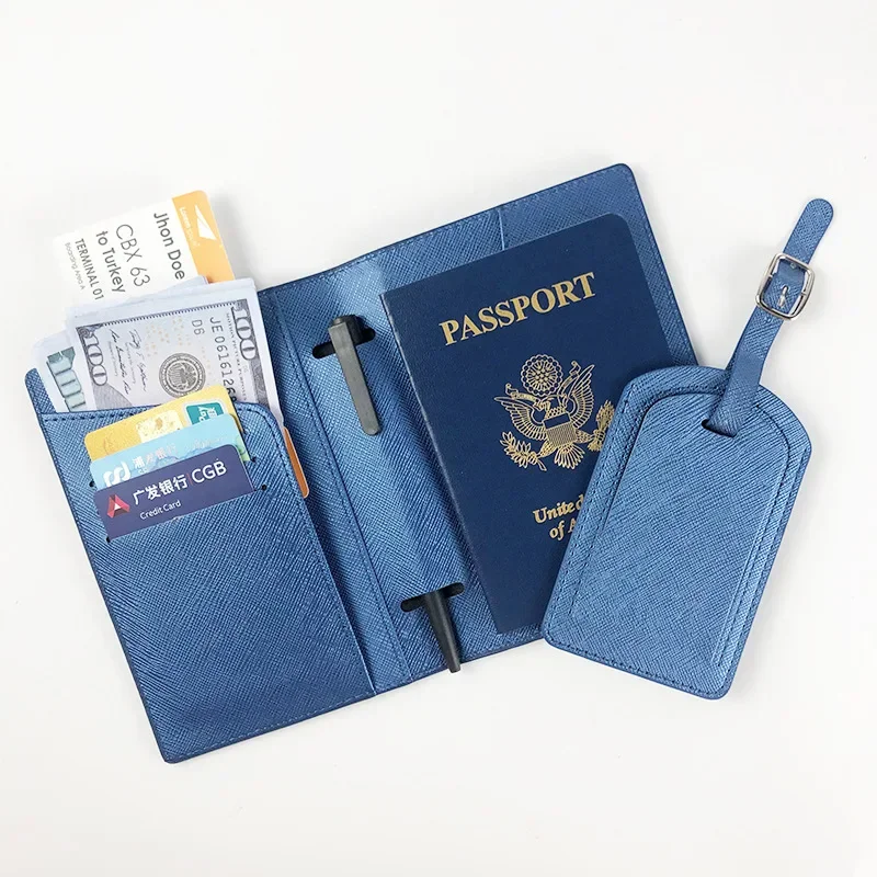 PU Leather Travel Passport Cover Luggage Tag Set Multifunctional Pen Ticket Credit Card Passport Holder Travel Purse