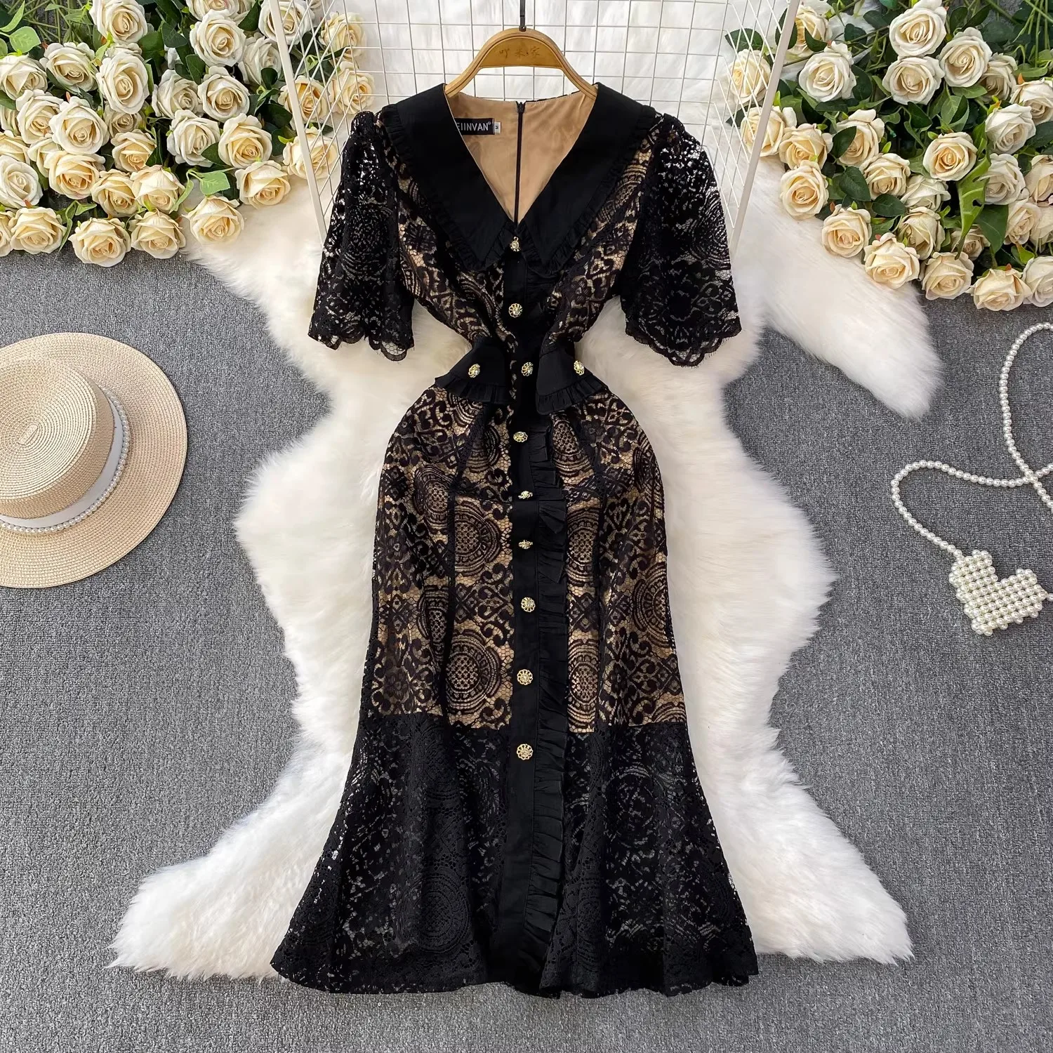 

Women's Black Lace Bodycon Mermaid Dress Summer Holiday Runway Flower Buttons Embroidery Long Prom Evening Wedding Party Dress