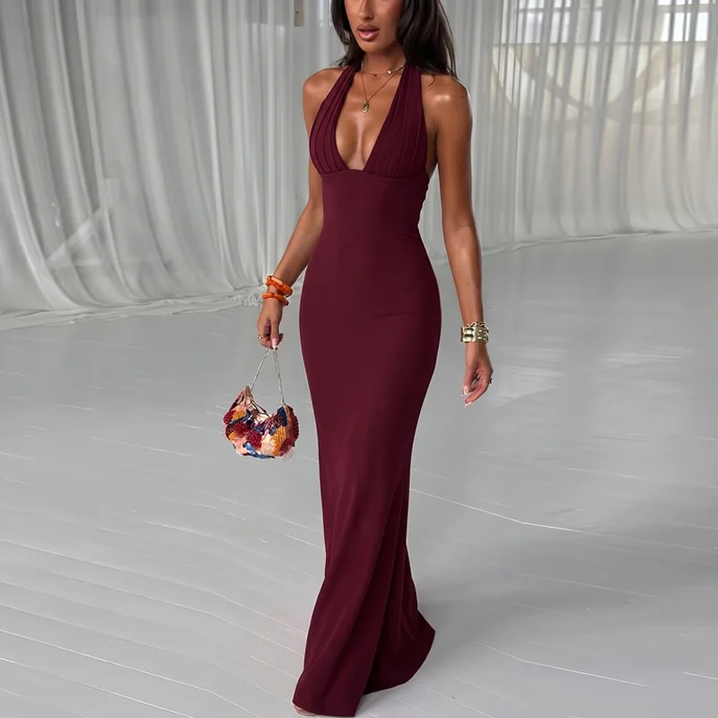 Hugcitar Damen Elegantes Neckholder-Kleid mit V-Ausschnitt, Sexy Maxikleid mit Knöpfen und Schnürung, Sommerkleid, Damenmode-Outfit für Geburtstagsfeier und Festival – Detail 15
