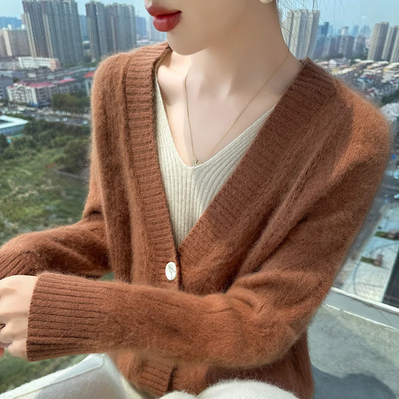 

Эластичный кардиган из 100% норки и кашемира, свитер для зимы, женский трикотаж с v-образным вырезом и длинными рукавами, базовая элегантная теплая одежда, топы