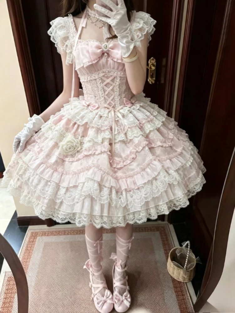 Y2K Kawaii Lolita Layer Cake Kleid Retro Harajuku Bandage-Träger-Outfit mit Spitze und Schleifenverzierung Damen Sommer Alltagsmode Kleidung
