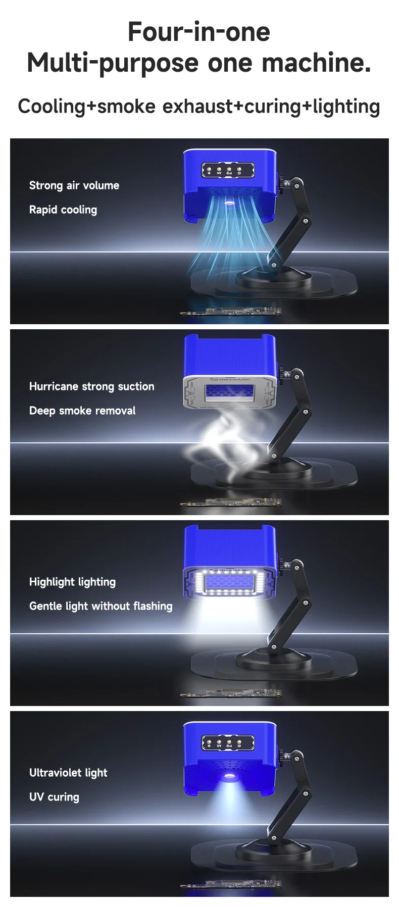 ميكانيكي FUL-4 تبريد الدخان العادم علاج مروحة الأشعة فوق البنفسجية علاج الإضاءة 4 في 1 لانهائي تبريد علاج مروحة لإصلاح الهاتف المحمول ل #4