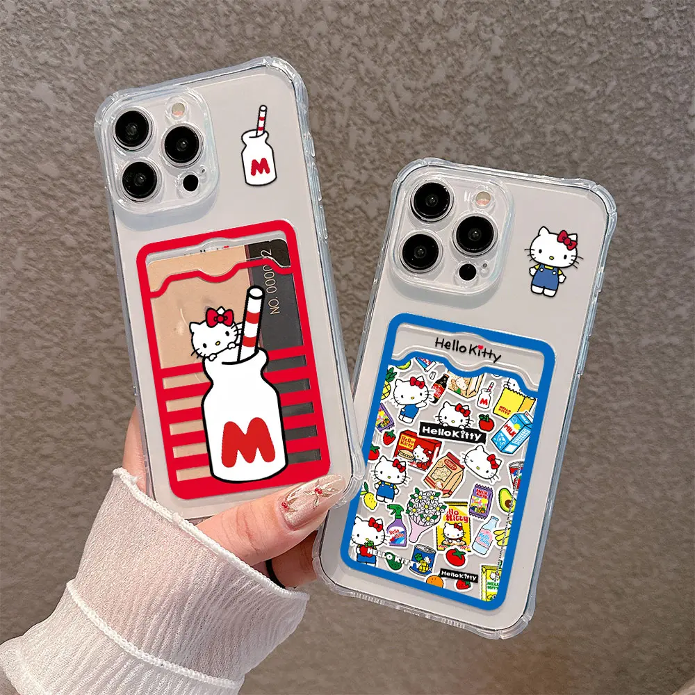 Cartoon Hello Kitty Hot Funny Card Hold Case For iPhone 15 14 13 12 11 Mini Pro Max XR XSMax 7 8 Plus SE20 Anti-fall Clear Cover