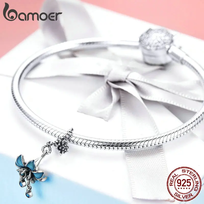Bamoer本物の 925 スターリングシルバーブルーエナメルフラワーペンダントチャームフィットシルバーブレスレット & バングル 925 シルバージュエリーBSC034