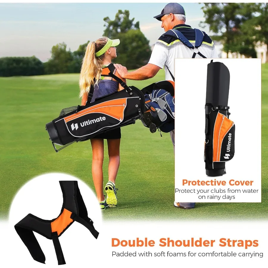 Przenośny zestaw golfowy dla młodzieży dla praworęcznych zawiera 3 fairway wood, żelazka 7 i 9, putter i torbę golfową z podstawką, idealny do nauki grających w golfa.