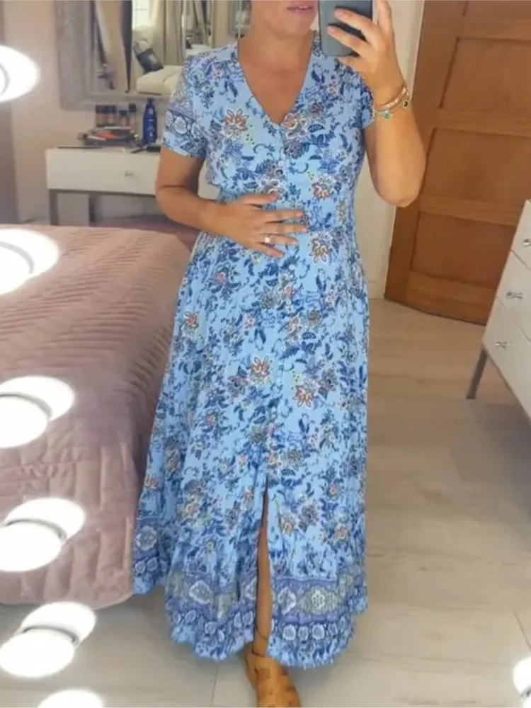 Casual Boho Bloemenprint Lange Jurk Voor Vrouwen Korte Mouw V-Hals Maxi Jurken 2024 Zomervakantie Strandjurk Dames